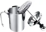 Schaumbereiter, Edelstahl-manueller Milchaufschäumer, manuell betriebener Milchschaum-Maker, mit doppeltem Schaumbildschirm, für Cappuccino Kaffee Latte heiße Schokolade (400ML)