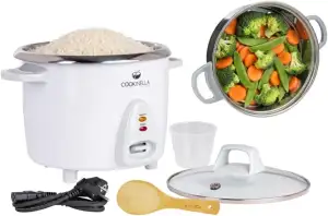 KeMar Reiskocher mit Edelstahltopf (1,4L, 500W, Weiß) Glasdeckel mit Bambuslöffel & Messbecher- elektrischer Reiskocher - Edelstahlschüssel, Warmhaltefunktion, Reiswärmer, Edelstahl, Dampfgarer