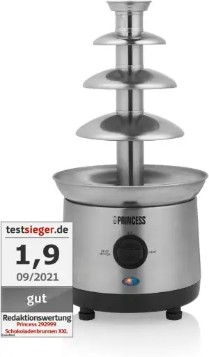 Princess Schokoladenbrunnen XXL – 4 Etagen, Warmhaltefunktion, 190 Watt, 1,1 Liter, PFOA und BPA Frei, 292999, Silber