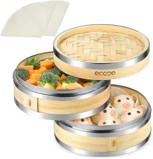 ecooe Bambusdämpfer, 2 Etagen Bambus Dampfgarer Einsatz mit verstärktem Rand aus Edelstahl, 20cm Dämpfeinsatz mit 2 Baumwolltüchern, für Reis, Dim Sum, Gemüse, Fisch Fleisch Dumpling usw