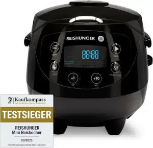 REISHUNGER Digitaler Reiskocher klein, schwarz | 0,6 L bis 3 Personen | Warmhalt