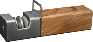 Diamant Messerschärfer Edelstahl & Olivenholz - Handveredelt - Nass & Trocken Schliff -  Diamantscheiben austauschbar - Profi Messerschleifer für Küchen, Wellenschliff, Keramik & Damastmesser