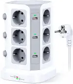 KOOSLA 12 Fach Steckdosenleiste (4000W/16A), 6 USB Mehrfachsteckdose mit Überspannungsschutz, einzeln schaltbarer Steckdosenturm für Büro Küche Tisch, 2M Kabel, Weiß