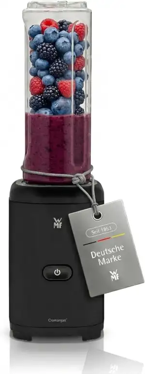 WMF Kult X Mix & Go – Smoothie Maker & Mixer, kompakter Standmixer 300 W mit 0,6 L Tritan-Flasche, 4 Edelstahlklingen, Sicherheitsabschaltung, Shake Mixer aus Cromargan Edelstahl, Deep Black