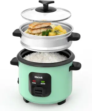 Macook Reiskocher mit Dampfkorb (0,6 Liter, 3 Tassen) 300W - Dämpfen und Kochen All-in-One Multifunktions Reiskocher Klein für 1 bis 6 Personen mit Anti-Stick-Beschichtung, Smart Auto Keep Warm