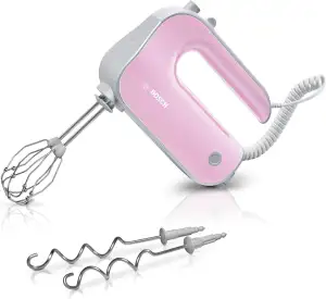 Bosch Handrührgerät, 2 Rührbesen, 2 Edelstahl-Knethaken, spülmaschinenfest, 5 Stufen plus Turbostufe, leicht, 500 W, farbig, rosa/silber, MFQ4030K