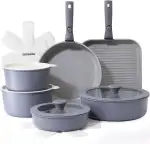SENSARTE Keramik Topfsets Pfannenset 17 Teiliges, Antihaft Kochgeschirr mit Abnehmbarem Griff, Für alle Herdarten geeignet, Spülmaschinenfest, Ofenfest (Grau)