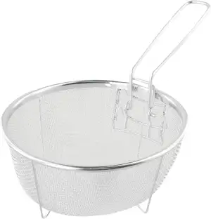 Frittierkorb aus Edelstahl mit abnehmbarem Griff, rundes Drahtdesign für praktischen Bratgebrauch und einfache Lagerung in der Küche (20 x 20 cm)