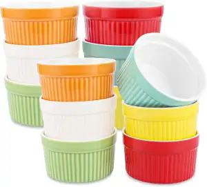 12er Set Souffle Förmchen Backofenfest, 200 ml Creme Brulee Schälchen Set Keramik zum Backen und Anrichten, Mini Multicolor Porzellan Auflaufförmchen für Desserts, Muffins, Pasteten