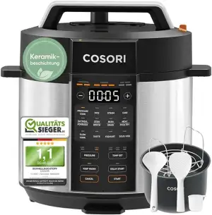 COSORI Schnellkochtopf, Keramikbeschichtung, 9-in-1, Multikocher mit 14 Funktionen, Pressure Cooker 5,7 L, Reiskocher, Dampfgarer, Joghurtbereiter, Slow cooker und Sous Vide, Rezeptbuch, Edelstahl
