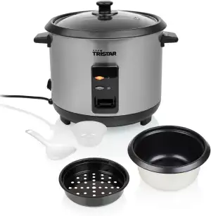 Tristar Reiskocher, 1,5 L Kapazität, Edelstahlgehäuse, Dampfgaraufsatz, Automatische Abschaltung, Warmhaltefunktion, 500 W, RK-6145
