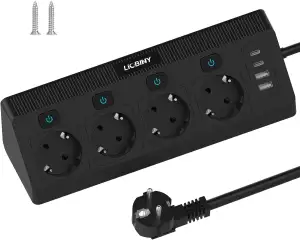 Steckdosenleiste mit 2 USB C und 2 USB A, 4 Fach Ecksteckdose Einzeln Schaltbar Mehrfachsteckdose Überspannungsschutz 3680W Mehrfachstecker Wandmontage, Steckerleiste 2M Kabel Schwarz für Küche Büro