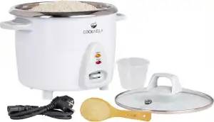 KeMar Reiskocher (1,4L, 500W, Weiß) Edelstahltopf - Glasdeckel mit Bambuslöffel & Messbecher - elektrischer Reiskocher Edelstahlschüssel, Warmhaltefunktion, 7 Messbecher für 1-6 Personen, KRC-200