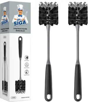 MR.SIGA Flaschenbürste mit langem Stiel, Flexible Bürste für Wasserflaschen, Glaswaren und Becher, Schwarz, 2er-Pack
