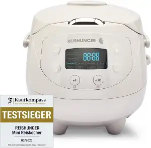 REISHUNGER Digitaler Reiskocher klein, grau | 0,6 L bis 3 Personen | Warmhaltefu