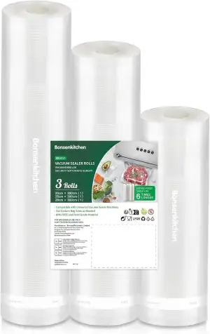 Bonsenkitchen Vakuumrollen 20|25|28x300cm gesamt 3 Rollen Vakuumierfolie - Profi Vakuumbeutel für Lebensmittel Vakuumiergerät, Kochfest und Sous Vide Gefrierbeutel, BPA-frei, VB3217
