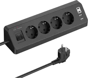 Ecksteckdose mit 2 USB und 2 Type-C, 4 Fach Mehrfachsteckdose mit Schalter, Steckdosenleiste Überspannungsschutz mit 2M Kabel für Küche (Schwarz)