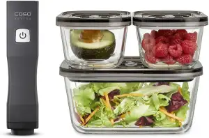 CASO Vacu OneTouch Eco-Set, Handvakuumierer inkl. 3 Vakuumbehälter aus Glas, 10 