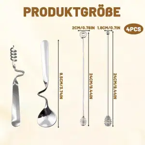 Honiglöffel Edelstahl 4-teilig, Marmeladenlöffel Set mit spiralförmigem Rührstab und Punktrührstab, vielseitige Rührlöffel für Küche und Bar, 9.5 cm langlebige Ausführung