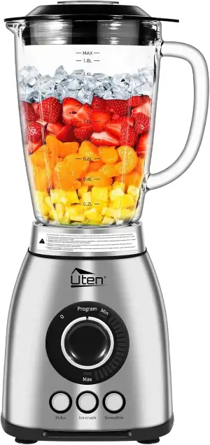 Uten Standmixer 2L, 1800 W Mixer Hochleistungsmixer, 3 Voreingestellte Programme Eiszerkleinerung, Smoothie, Pulse und 18 Geschwindigkeitsstufen, Edelstahlgehäuse, 6 Klingen, Mahlbare Kaffeebohnen