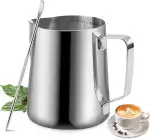 Milchaufschäumkrug, 12 oz/350ml Milchaufschäumer Krug Edelstahl Krug Dampfkanne, Milchkaffee Cappuccino Latte Art Barista Dampfkannen Milchkanne Tasse mit Dekorieren Stift