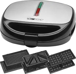 Clatronic® Multifunktionsgerät 3 in 1 | Sandwichtoaster, Waffeleisen und Kontaktgrill | 800 Watt | Spülmaschinengeeignet | Antihaftbeschichtung | Sandwich Maker | ST/WA 3670 Schwarz-Edelstahl
