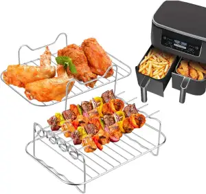 Air Fryer Ninja Double Stack XL Zubehör - Grillrost & Edelstahlgestell mit Spießen – Heissluftfritteuse Zubehör für Ninja Foodi AF300EU, AF400EU, AF500EU & weiteren Dual Zone Air Fryer (7,6L–9,5L)