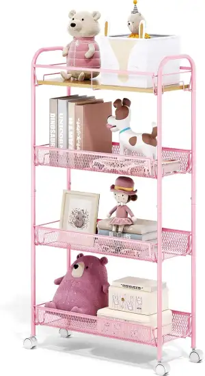 KINGRACK 4-Stufen Schmaler Küchenwagen mit Rollen, Holzplatte & Schiebe-Körben, 