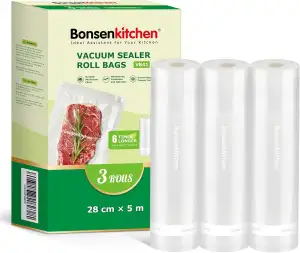 Bonsenkitchen Vakuumrollen 3 Rollen 28 cm x 5 m Vakuumierfolie - Profi Vakuumbeutel für Lebensmittel Vakuumiergerät, Kochfest und Sous Vide Gefrierbeutel, BPA-frei, VB41