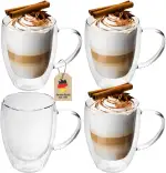 INTIRILIFE 4x Doppelwandige Thermo Gläser Set -250-300ml- Mundgeblasen isoliert für Espresso Cappuccino, Teegläser Kaffeegläser Latte Macchiato Tassen, Schwebeeffekt mit Henkel