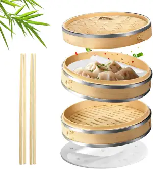 Flexzion Bambus Dampfgarer Set, Asiatischer Bambusdämpfer 2 Etagen mit Deckel, Bamboo Steamer, 23cm Dampfgarer Bambus mit 50 Backpapier & 2 Paar Essstäbchen, für Knödel Fleisch Fisch Gemüse Reis