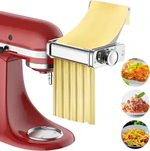 Gvode 3-in-1 Edelstahl Nudelaufsatz für KitchenAid Standmixer & Artisan, Pasta Zubehör für KitchenAid Set mit Nudelwalze, Spaghetti-Fettuccine-Schneider, 8 Dickenstufen & Edelstahl Führungsblech