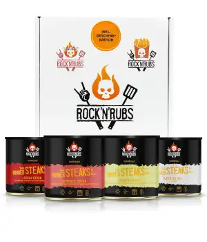 Rock'n'Rubs® Gewürzset 4er Set Classic, Lemon, Chili & Fleur de Sel – Grillgewürze für Steaks, Burger & Gemüse – BBQ Geschenkset Männer & Frauen – Made in Germany