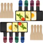 ipow 8 Stück Raclette Pfännchen Ersatz Mini Pfännchen Antihaftbeschichtet viereckig für Raclette mit 8 Holzschaufeln und bunten Isoliergriffen