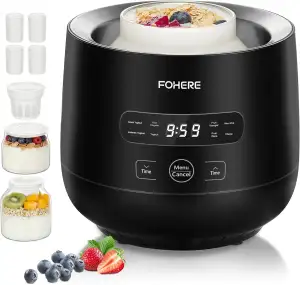 FOHERE Joghurtbereiter, Joghurt inkl. 2 XXL Glasbehälter 2000 ml und 1400 ml, 4 Keramik Portionsbecher à 125 ml, 8 Voreingestellte Programme, Maker für Griechischer Joghurt, Käse, Natto, Reiswein