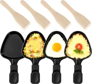 4er Set Raclette Pfännchen Dreieck mit 4 Holzspateln, Antihaft Grillpfannen, Min