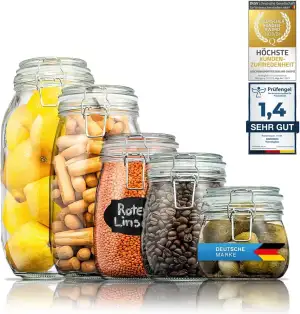 Dimono® Einmachgläser 5er Set mit Drahtbügel-Verschluss; 5 Vorratsgläser in verschiedenen Größen zum Aufbewahren, Einkochen und Frisch halten mit Aufkleber zum beschriften