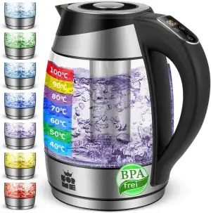 FOR ME Glas Elektrischer Wasserkocher mit Teesieb 1,8L, Temperatureinstellung, T