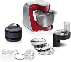 Bosch Küchenmaschine Serie 4, Edelstahl-Schüssel spülmaschinenfest, Planetenrührwerk, Durchlaufschnitzler, 3 Scheiben, 3 Rührwerkzeuge spülmaschinenfest, 1000 W, Made in Europe, rot, MUM58710