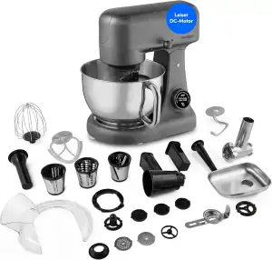 MEDION Küchenmaschine (Fleischwolf, 4,6 Liter Edelstahlschüssel, leiser Gleichstrommotor, 800 Watt, Reiben Raspeln Schneiden, Digitales Sensor Touch Display, Knetmaschine, Teigmaschine, MD12600) titan