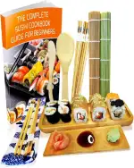 Sushi Maker Kit 11-teilig - Bambus Sushi Set Rollmatte und Servierset für Anfänger - 2 Matten, 5 Paar Essstäbchen mit Tasche, Reislöffel, Spreizer, Servierteller, Triplett-Soßenschale mit Ebook