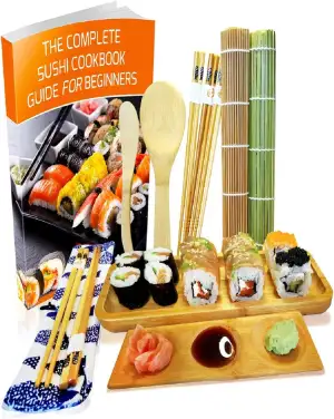 Sushi Maker Kit 11-teilig - Bambus Sushi Set Rollmatte und Servierset für Anfänger - 2 Matten, 5 Paar Essstäbchen mit Tasche, Reislöffel, Spreizer, Servierteller, Triplett-Soßenschale mit Ebook