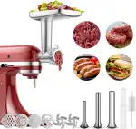 GVODE Fleischwolf-Aufsatz für KitchenAid Standmixer, inklusive 3 Wurstfüllhörner, 2 Schleifklingen, 4 Mahlscheiben und einer Reinigungsbürste – Fleischwolf-Zubehör für KitchenAid