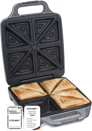 Cloer 6269 Sandwichmaker XXL, 1800 W, für 4 Sandwiches, American Toast, XXL-Füllung, optische Fertigmeldung, Silber