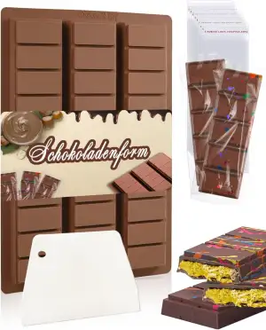 Schokoladenform Silikon 6 Hohlräume Schokoladen Form Mit 1 Schaber und 100 Stück Beuteln, Chocolate Silikonform Schokoladentafel zum Füllen von Knafeh Pistazien-Schokoriegeln BPA-frei