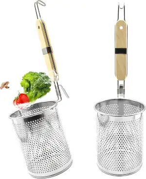 2 Stück Nudelkorb Edelstahl Nudelsieb aus Mikroperforiertem mit Holzgriff Pasta-Korb Durchmesser 12 cm Küchensieb Rund für Abtropfen Waschen Dämpfen Frittieren Kochen