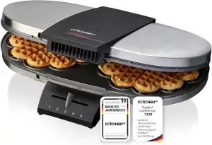 Cloer 1329 Doppelwaffeleisen für 2 Herzwaffeln mit 15,5 cm Durchmesser, Waffeleisen mit Antihaftbeschichtung, Edelstahlgehäuse, stufenlosem Bräunungsgrad und optischer Fertigmeldung, PFAS-frei, 1700 W