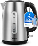 Midea Wasserkocher Edelstahl 1.7L, BPA-freier Wasserkocher, 2200W Schnellkochfunktion, Kettle mit Wasserstandsanzeige, LED-Leuchtanzeige, 360°-Basis, Trockenlaufschutz, MKE17M1ADS