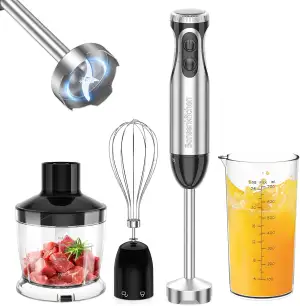 Bonsenkitchen Pürierstab, 4-en-1 Stabmixer Elektrischer, 1000W Stufenlos Geschwindigkeiten, Edelstahl, Schneebesen, 500ml Häcksler und 700ml Messbecher für Babynahrung, HB3203 (Schwarz)