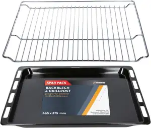 Kenekos - SET Backblech 465 x 375 x 26 mm & Grillrost 465x375 mm kompatibel mit Bosch Siemens Backofen 17008354, 00662999 Gitterrost 00574876, emailiert, ausziehbar, Fettpfanne Kuchenblech Pizzablech